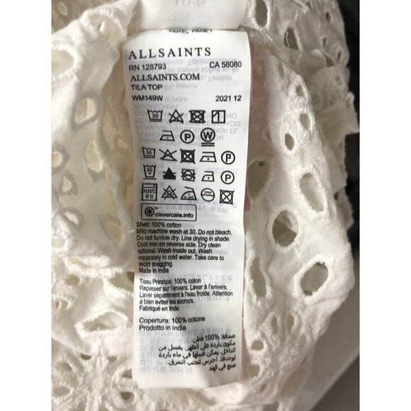 AllSaints Tila Top Broderie Embellished Sheer Puff Sleeve Cotton Blouse White 6 - Picture 8 of 9